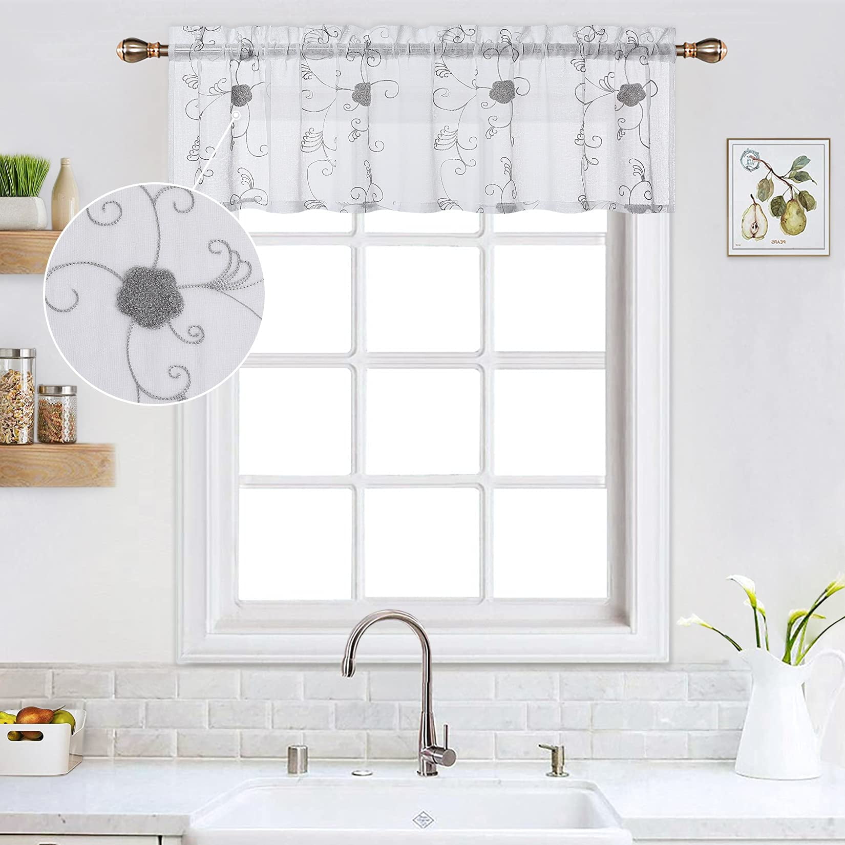DSstyles White Short Curtains for Small Window, Floral Embroidered Pom Design Semi Sheer