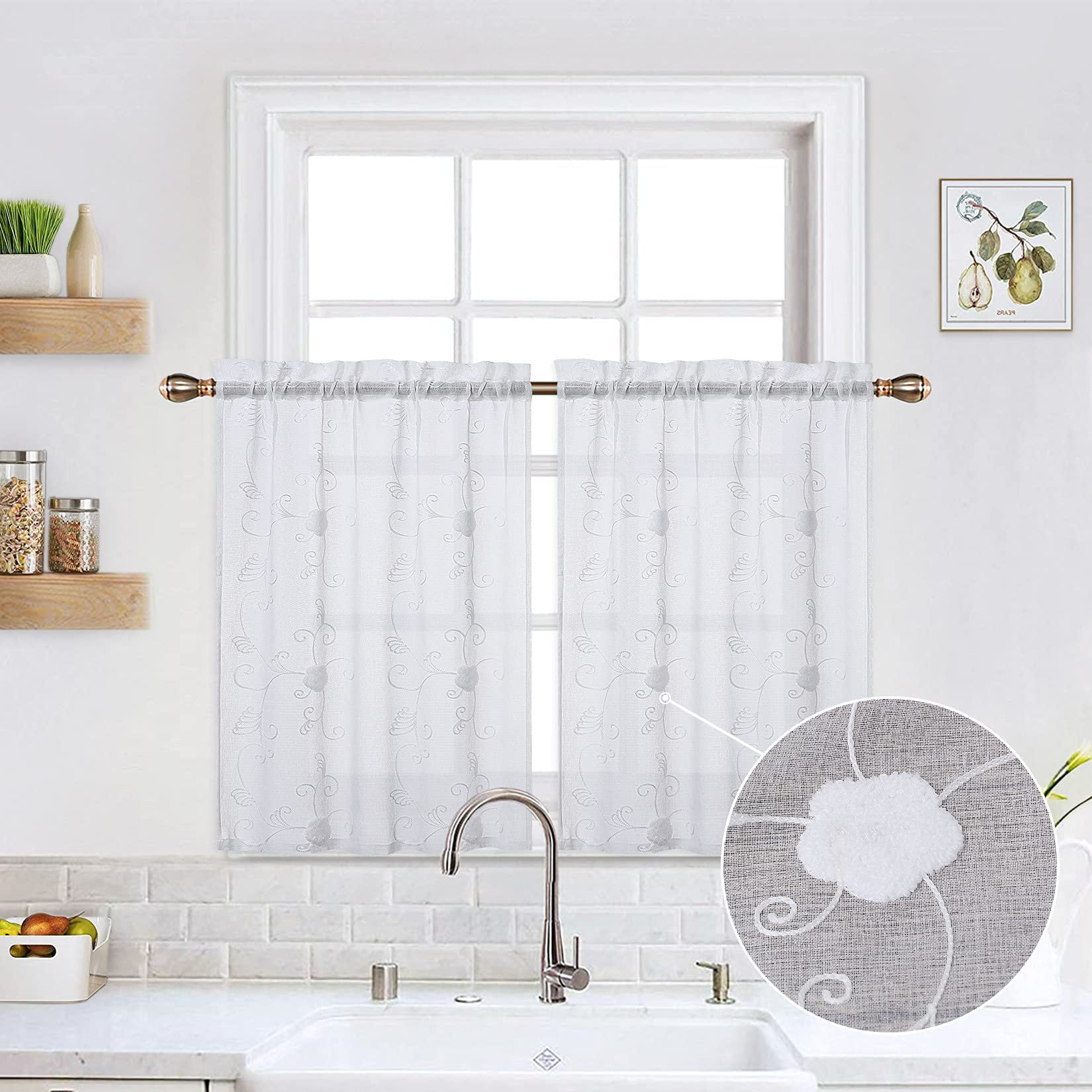 DSstyles White Short Curtains for Small Window, Floral Embroidered Pom