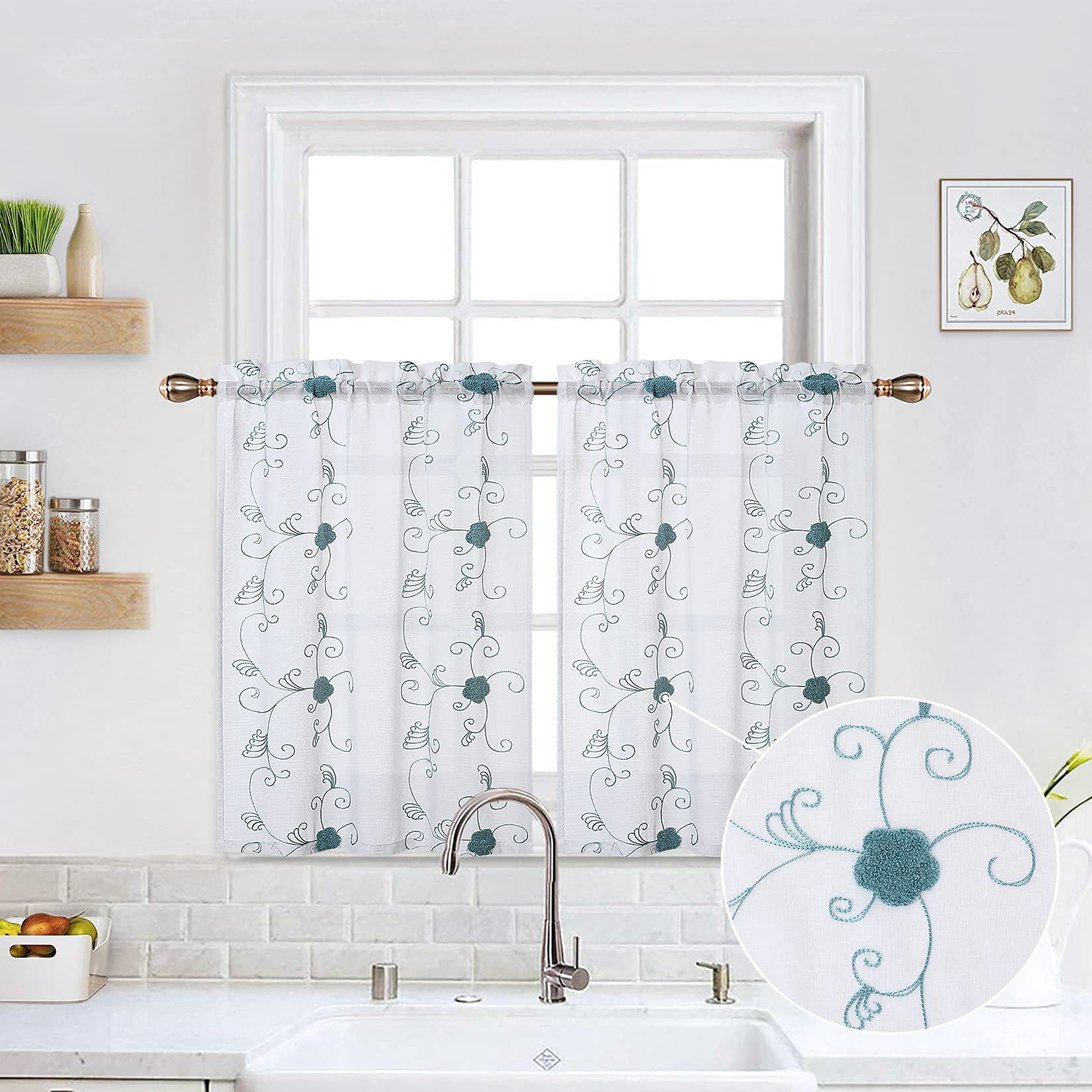 DSstyles White Short Curtains for Small Window, Floral Embroidered Pom