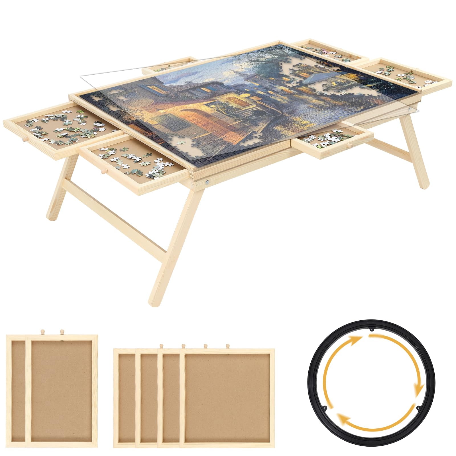 DSstyles Wooden Folding Puzzle Board with 6 Sorting Drawers