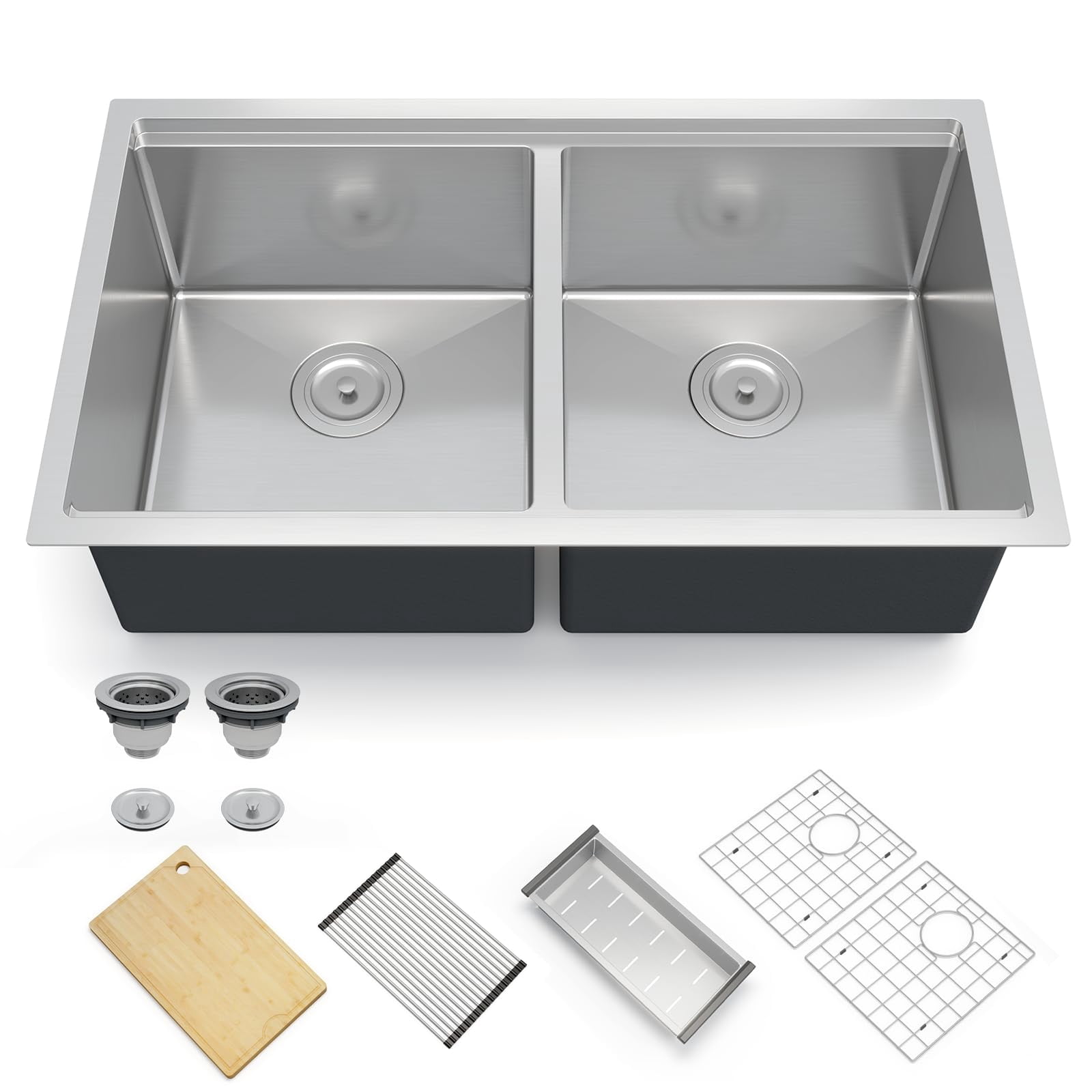 DSstyles Workstation Double Bowl Undermount Kitchen Basin 33x19x10 Inch – 304 Stainless Steel,Bamboo Cutting Board, Drain Basket,Bottom Grid, Drainer,Roll-Up Rack–Double basin with steps 33*19*10"