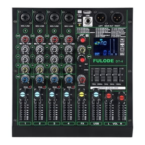 DT-4 Professional 4 Channe Audio MixerDJ Controller Sound Board Mixing with 99 DSP Effects,5-Band EQ/4 XLR interfaces and USB for Live Streaming & Recording48V Phantom Power & Vocal Removal