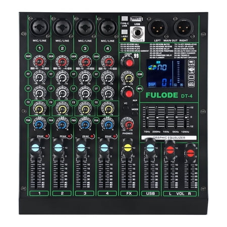 DT-4 Professional 4 Channe Audio Mixer,DJ Controller Sound Board Mixing with 99 DSP Effects,5-Band EQ/4 XLR interfaces and USB for Live Streaming & Recording,48V Phantom Power & Vocal Removal