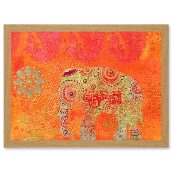 DT Indian Collage Elephant Patterned Artwork Framed Wall Art Print A4