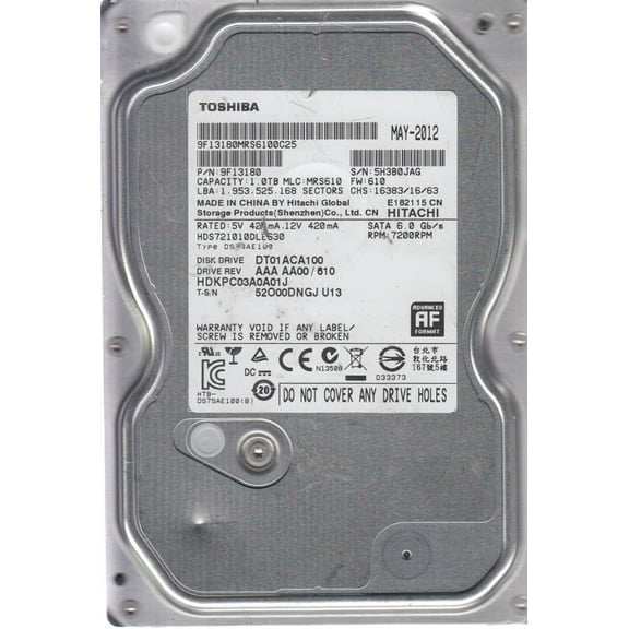 DT01ACA100, AA00/610, HDKPC03A0A01 J, Toshiba 1TB SATA 3.5 Hard Drive