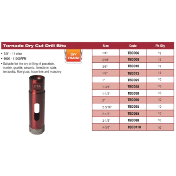 DTA Tornado Long Diamond Brazed Bit 1 3/8"
