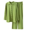 thumbnail image 1 of DTBPRQ Casual 2 Piece Outfit for Women - Linen Long Sleeve Button Down Shirt + Flare Pleated Wide Leg Pants Sets Streetwear, 1 of 7