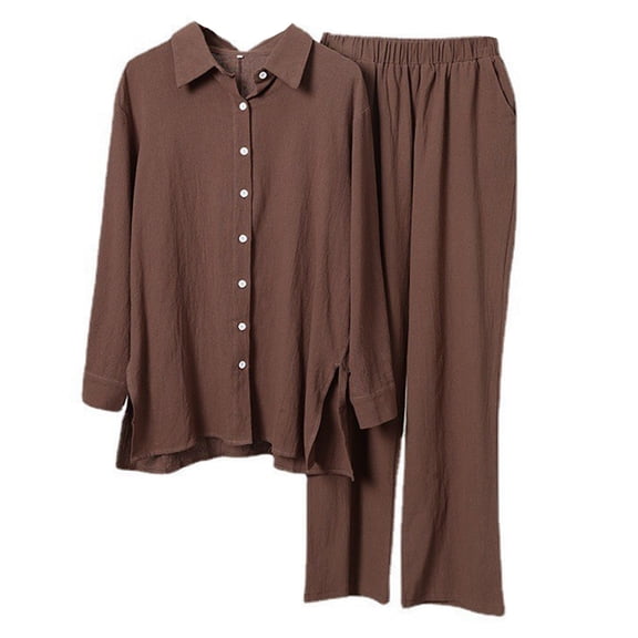 DTBPRQ Casual 2 Piece Outfit for Women - Linen Long Sleeve Button Down Shirt   Flare Pleated Wide Leg Pants Sets Streetwear