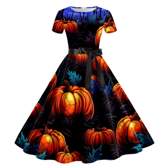 DTBPRQ Halloween Costumes for Women Crewneck Long Sleeve Plus Size Halloween Dress Funny Striped Pumpkin Halloween Costume Fashion Fall Dresses