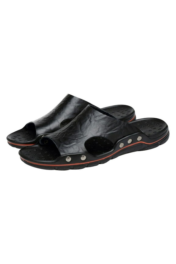 Leather Slippers, Open Toes Indoor Slippers Leather Flat Slide Sandals Casual House Shoes Bedroom Slippers Office Slippers for Mens