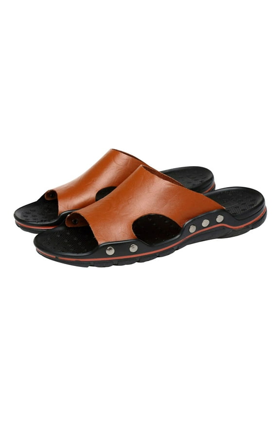 Leather Slippers, Open Toes Indoor Slippers Leather Flat Slide Sandals Casual House Shoes Bedroom Slippers Office Slippers for Mens