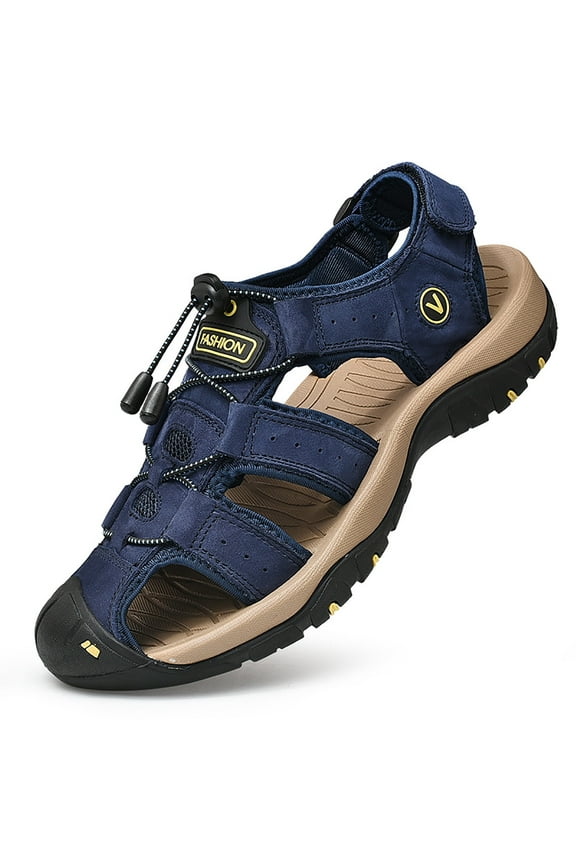 Mens Hiking Sandals Summer Beach Slipper Waterproof Leather Fisherman Sandal for Athletic Outdoor Beach Sport Summer-Closed Toe Sandals
