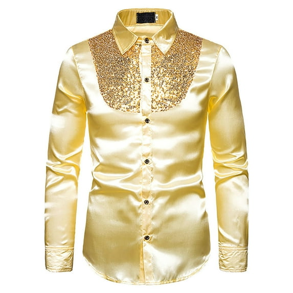 DTBPRQ Mens Sequin Shirt Regular Fit Silk Casual Long Sleeve Button Down Party Disco Shiny Shirts Dance Shirt Wrinkle Free Mens Tuxedo Shirt