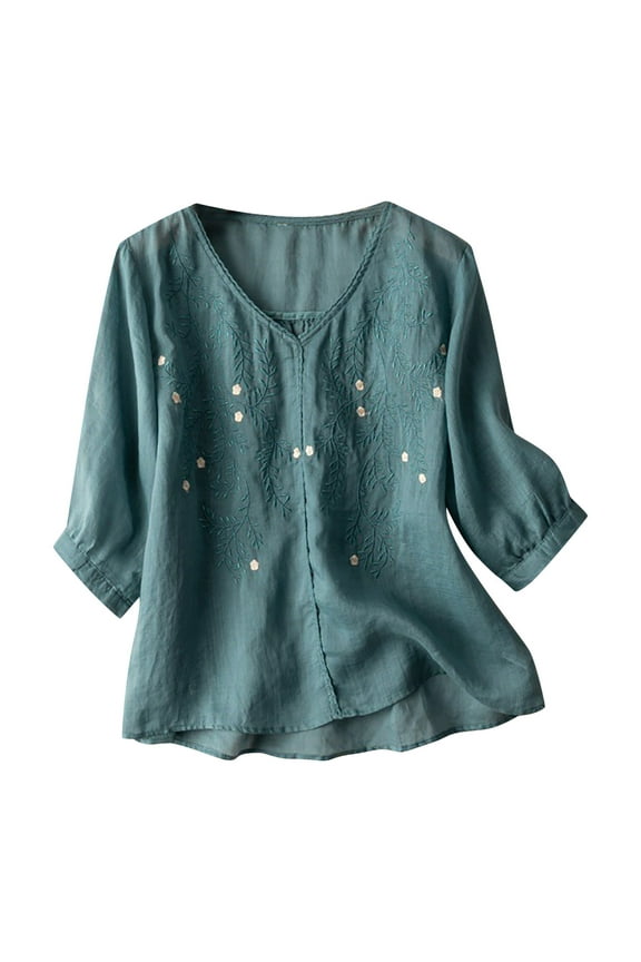 Mexican Embroidered Tops for Women Summer Short Sleeve Boho Shirts Peasant Blouses, Loose Fitting Bohemian Top