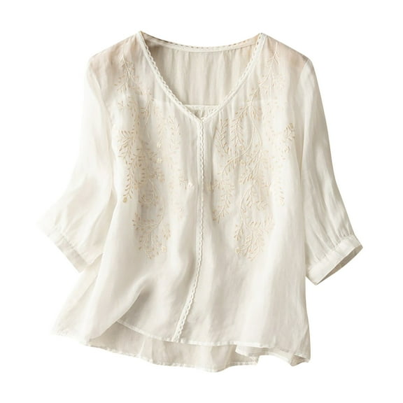 DTBPRQ Mexican Embroidered Tops for Women Summer Short Sleeve Boho Shirts Peasant Blouses, Loose Fitting Bohemian Top