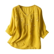 DTBPRQ Mexican Embroidered Tops for Women Summer Short Sleeve Boho Shirts Peasant Blouses, Loose Fitting Bohemian Top