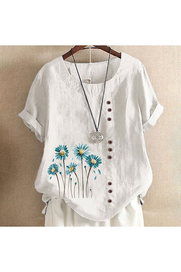 Mexican Shirts for Women Embroidered Tops Traditional Women's Casual Floral Tunic Round Neck Short Sleeve Linen Shirts