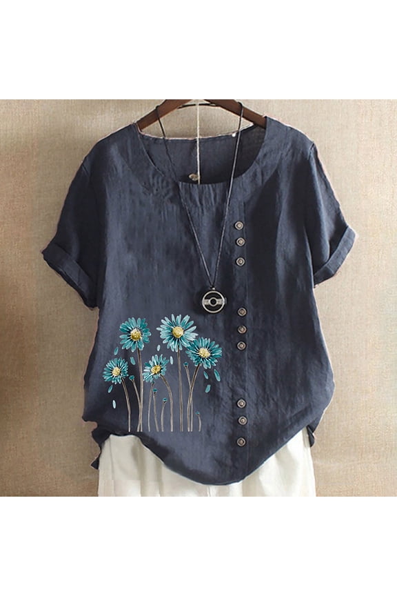 Mexican Shirts for Women Embroidered Tops Traditional Women's Casual Floral Tunic Round Neck Short Sleeve Linen Shirts