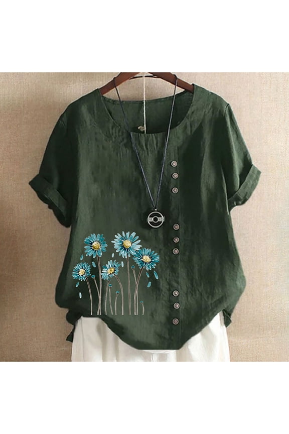 Mexican Shirts for Women Embroidered Tops Traditional Women's Casual Floral Tunic Round Neck Short Sleeve Linen Shirts