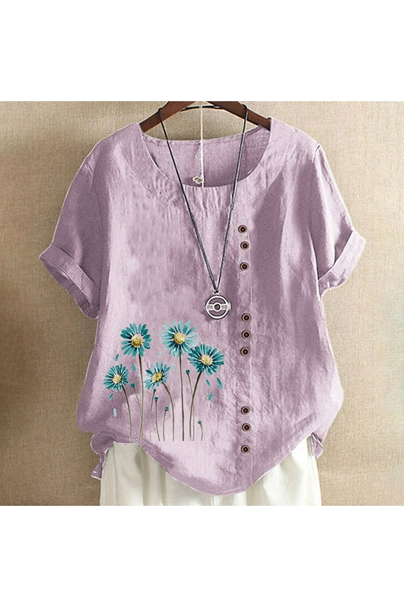Mexican Shirts for Women Embroidered Tops Traditional Women's Casual Floral Tunic Round Neck Short Sleeve Linen Shirts