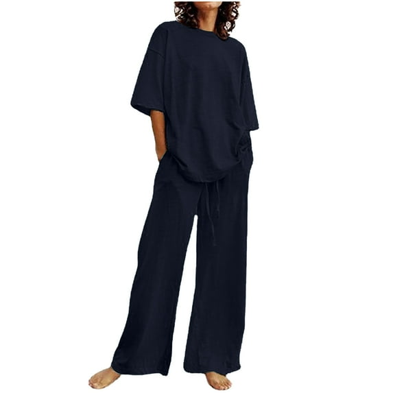 DTBPRQ Women's 2 Piece Outfit Cotton Linen Set for Women Short Sleeve Pullover with Dstring Long Pants Tracksuit Jogger Set Solid Color Trousers Casual Two-Piece Suit