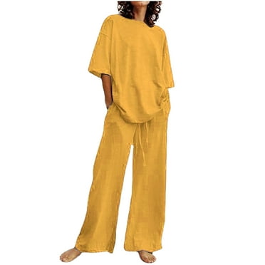 DTBPRQ Women's 2 Piece Outfit Cotton Linen Set for Women Short Sleeve Pullover with Drawstring Long Pants Tracksuit Jogger Set Solid Color Trousers Casual Two-Piece Suit