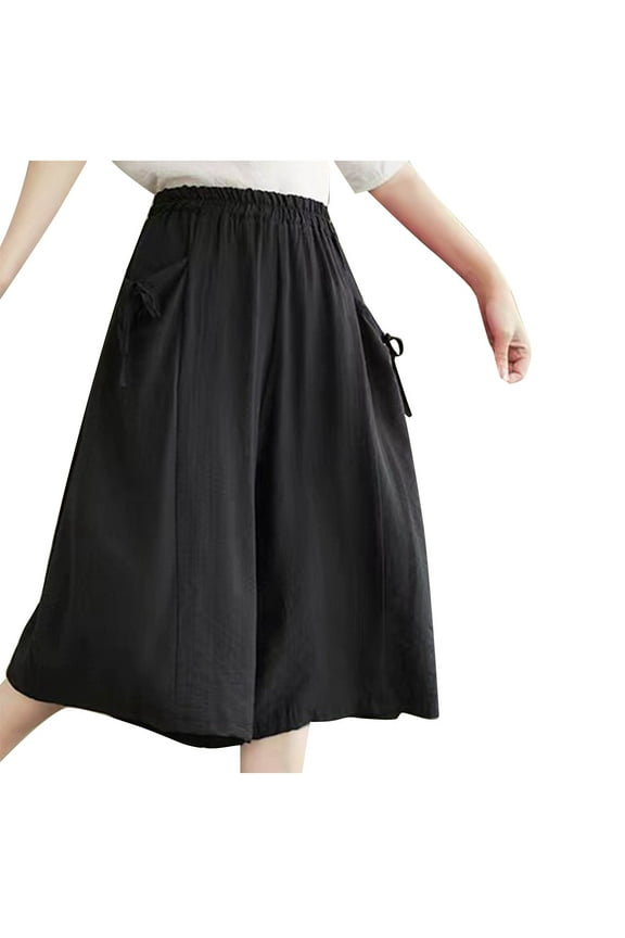 Women's Baggy Pants Culottes Linen Blend Wide Leg Pants Elastic Waist Casual Palazzo Trousers with Pockets Capris
