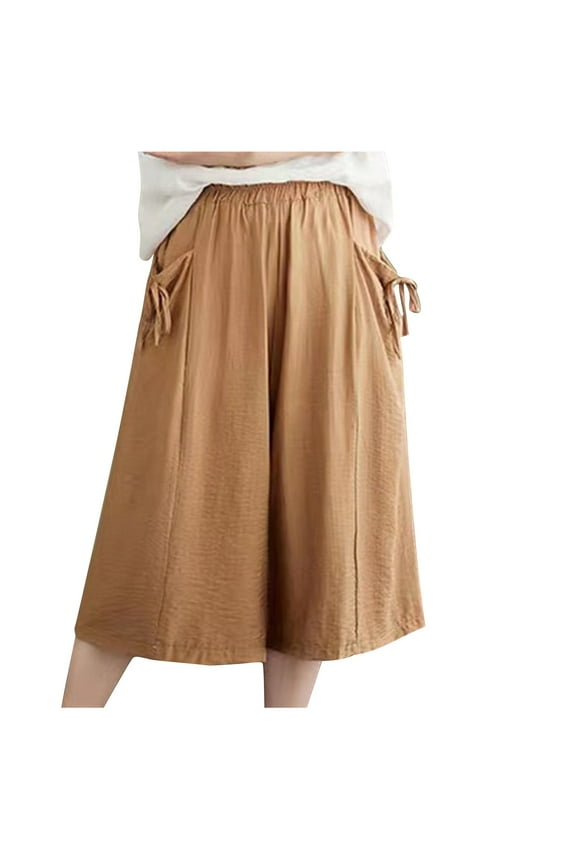 Women's Baggy Pants Culottes Linen Blend Wide Leg Pants Elastic Waist Casual Palazzo Trousers with Pockets Capris