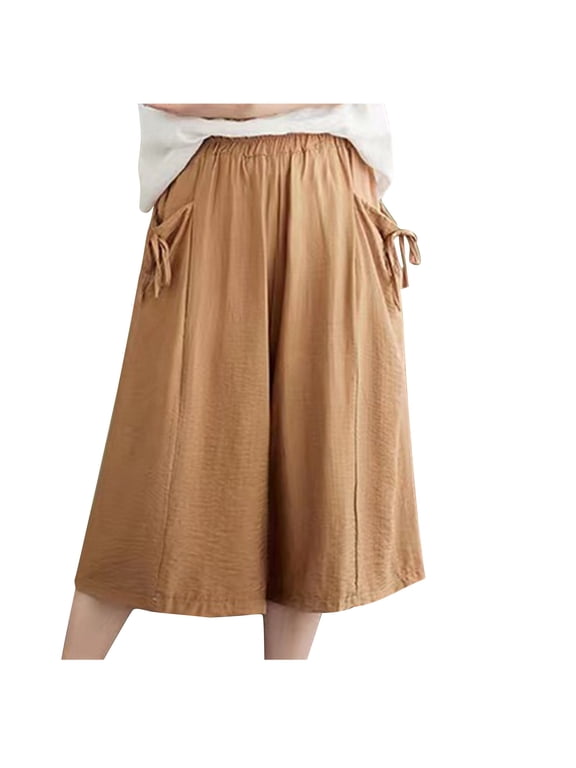 Women's Baggy Pants Culottes Linen Blend Wide Leg Pants Elastic Waist Casual Palazzo Trousers with Pockets Capris