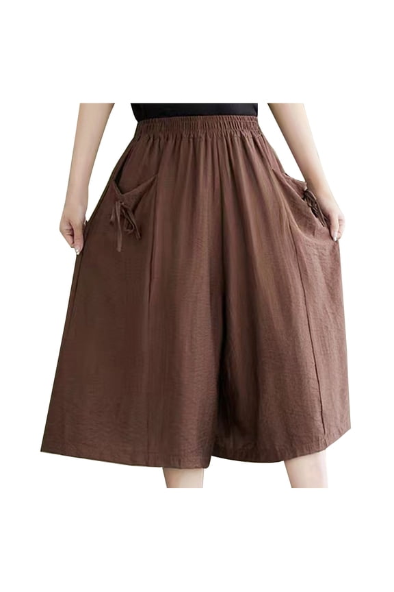 Women's Baggy Pants Culottes Linen Blend Wide Leg Pants Elastic Waist Casual Palazzo Trousers with Pockets Capris
