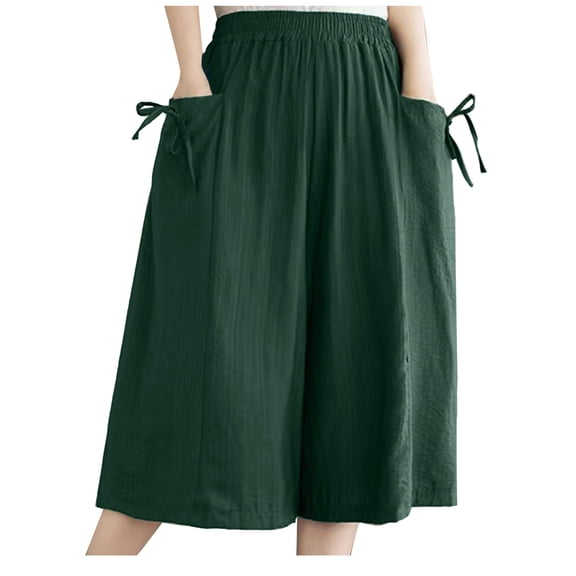 DTBPRQ Women's Baggy Pants Culottes Linen Blend Wide Leg Pants Elastic Waist Casual Palazzo Trousers with Pockets Capris