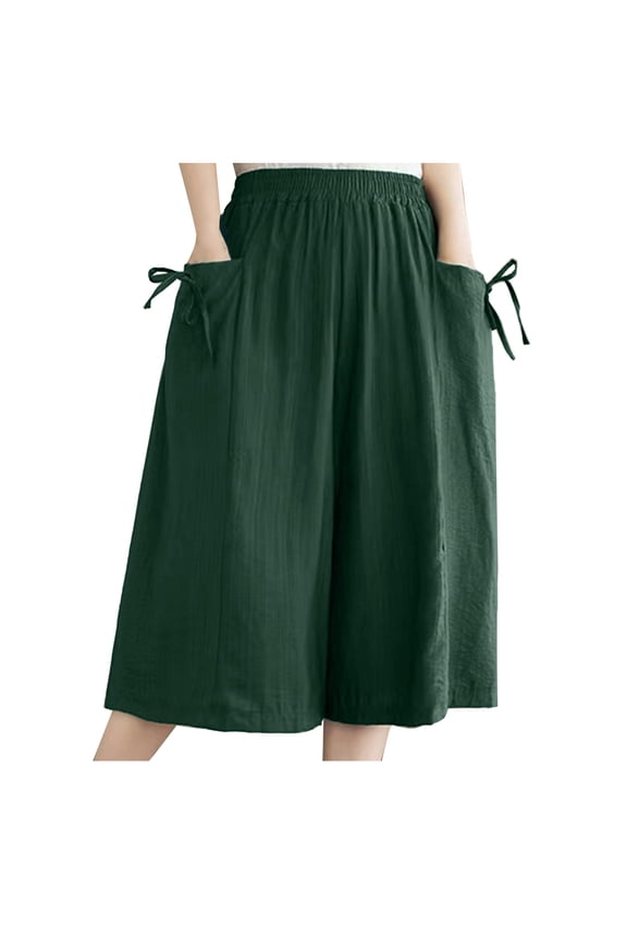 Women's Baggy Pants Culottes Linen Blend Wide Leg Pants Elastic Waist Casual Palazzo Trousers with Pockets Capris