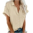 thumbnail image 1 of DTBPRQ Women's Button Down Shirts Cotton Short Sleeve Blouses V Neck Casual Tunics Solid Color Plus Size Tops with Pockets, 1 of 5