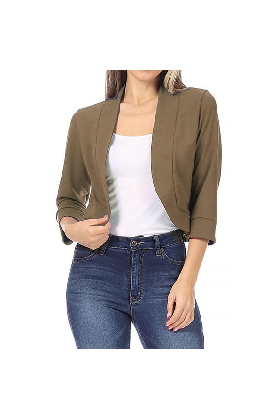 Women's Casual Cropped Blazer 3/4 Sleeve Collarless Open Front Ruffle Work Office Cardigan Suit Jacket Shrug Work Office Suit