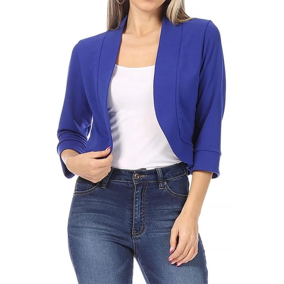 DTBPRQ Women's Casual Cropped Blazer 3/4 Sleeve Collarless Open Front Ruffle Work Office Cardigan Suit Jacket Shrug Work Office Suit
