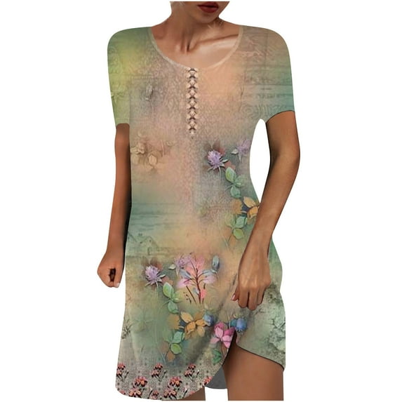 DTBPRQ Women's Casual Floral Beach Dress Summer T Shirt Dresses Short Sleeve Swing Dress with Pockets