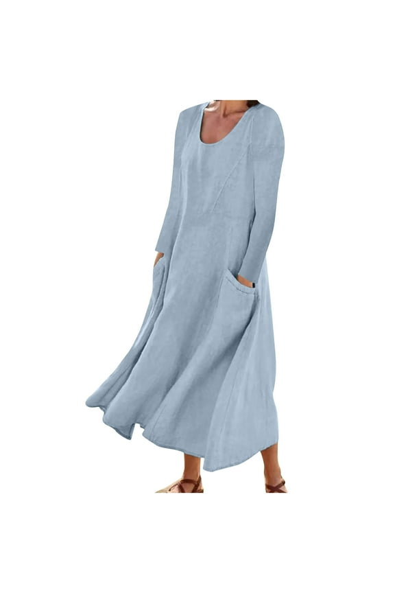 Women's Cotton Fall Dress Long Sleeve Loose Plain Maxi Dresses Casual Long Dresses with Pockets