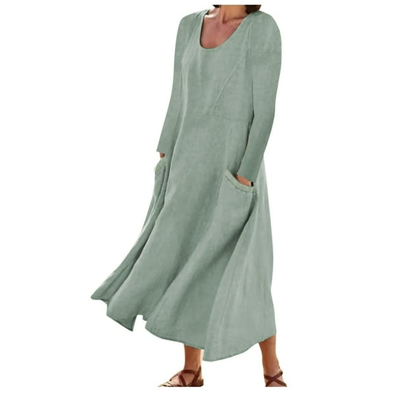 DTBPRQ Women's Cotton Fall Dress Long Sleeve Loose Plain Maxi Dresses Casual Long Dresses with Pockets