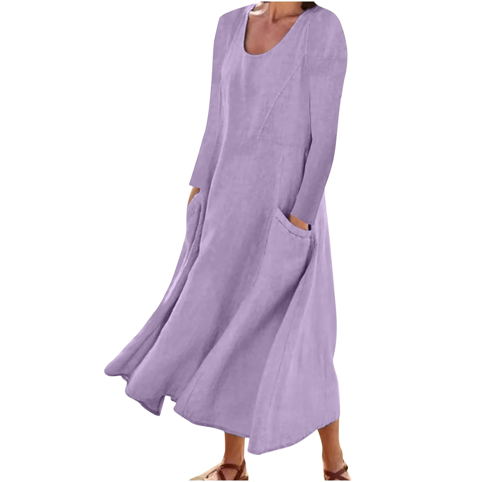 DTBPRQ Women's Cotton Fall Dress Long Sleeve Loose Plain Maxi Dresses  Casual Long Dresses with Pockets - Walmart.com
