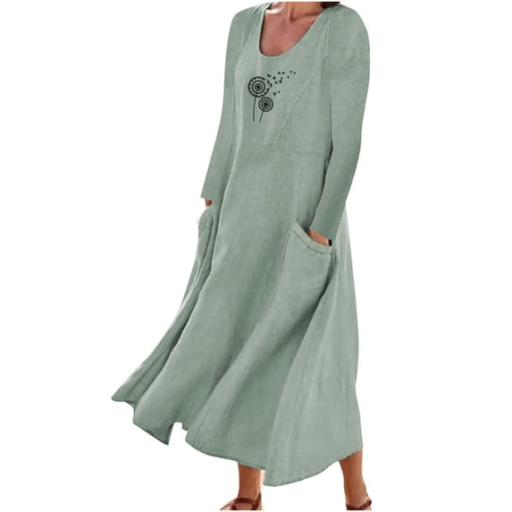 DTBPRQ Women's Fall Dress 2024 Cotton Linen Dress Long Sleeve A-line and Flare Maxi Long Dress on Clearance