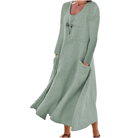 DTBPRQ Women's Fall Dress 2024 Cotton Linen Dress Long Sleeve A-line and Flare Maxi Long Dress on Clearance