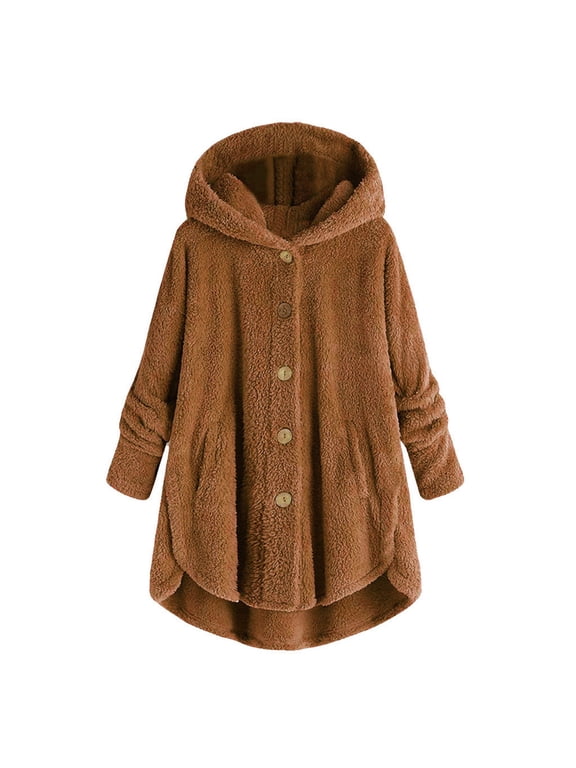 Women's Hooded Cardigan Vintage Fuzzy Jacket Winter Open Front Fleece Ponchos Cape Cloak Coat Long Sleeve Pollover Plus Size Button Top Dress