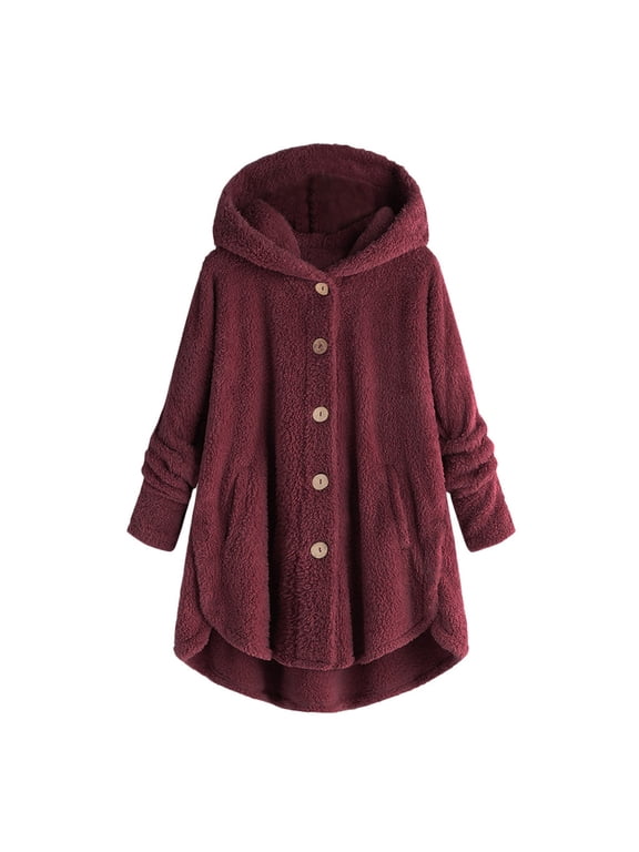 Women's Hooded Cardigan Vintage Fuzzy Jacket Winter Open Front Fleece Ponchos Cape Cloak Coat Long Sleeve Pollover Plus Size Button Top Dress