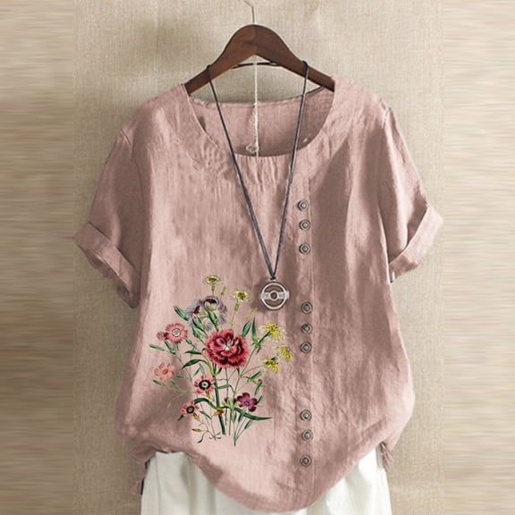 DTBPRQ Women's Linen Shirts Embroidered Blouse Cotton Linen Short Sleeve Boho Mexican Tunic Top Casual T Shirt