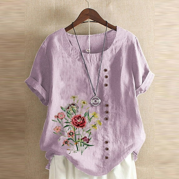 DTBPRQ Women's Linen Shirts Embroidered Blouse Cotton Linen Short Sleeve Boho Mexican Tunic Top Casual T Shirt