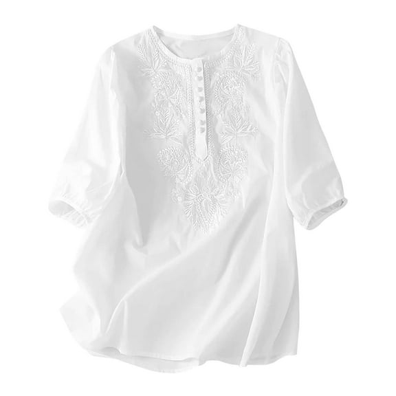 Amzcrzy Women's Linen Shirts Summer Crew Neck Blouse, Boho Embroidered Mexican Peasant Tops Short Sleeve Shirts Casual Blouse Loose Tunics