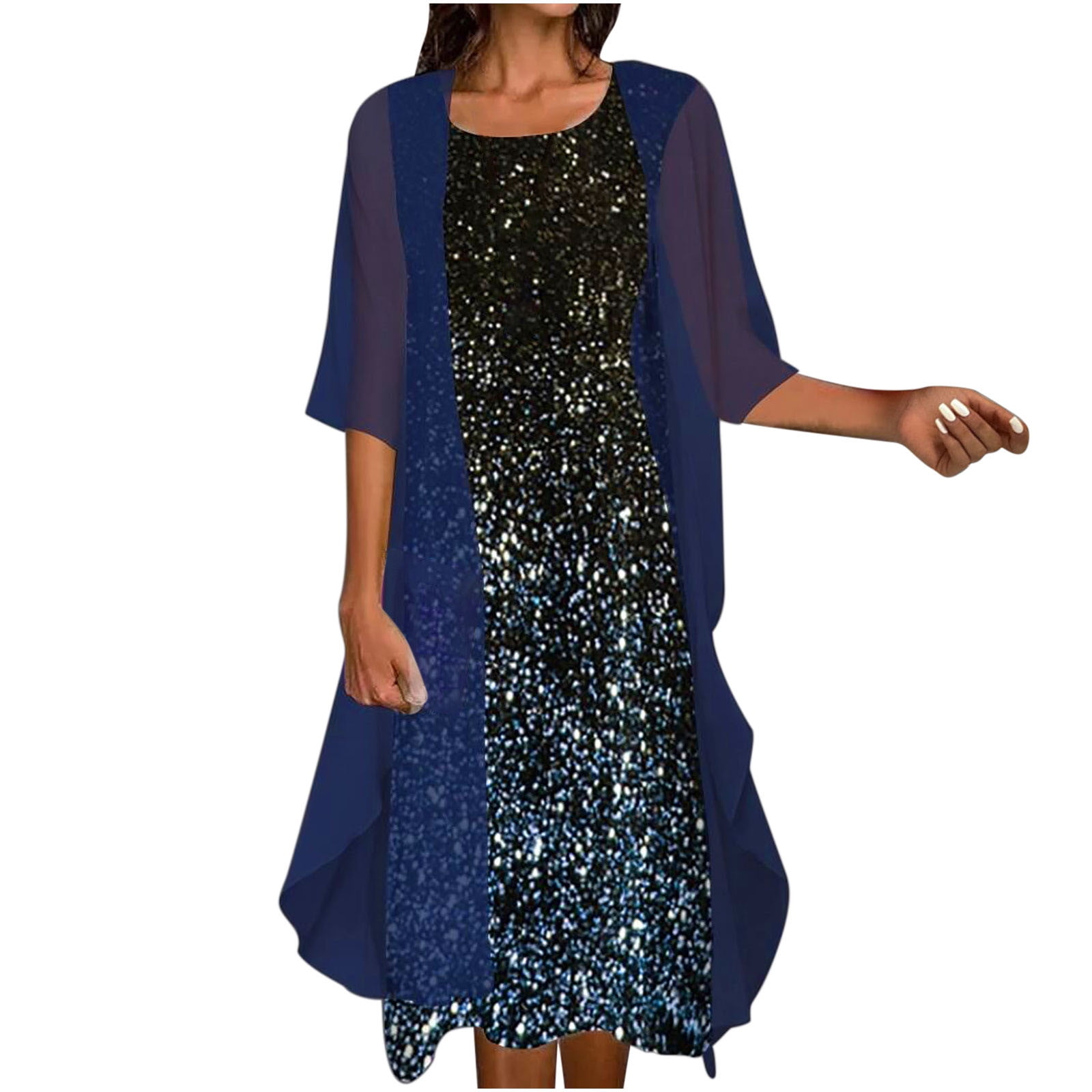 DTBPRQ Women's Plus Size Dress 3/4 Sleeve V Neck Chiffon Contrast Panel ...