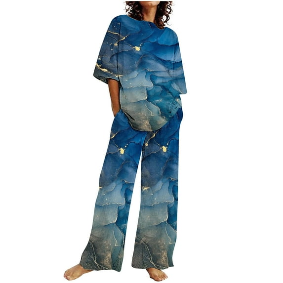 DTBPRQ Women's Plus Size Loungewear Sleepwear Summer Casual Floral 2 Piece Pajama Sets, Super-Soft Short Sleeve Top With Pants Lounge Sleepwear Ladies Pjs Sets with Pockets