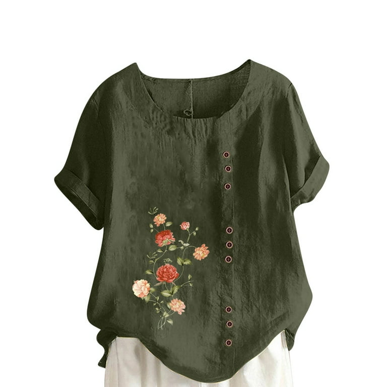 Cotton Short Sleeve Print Round Neck Embroidery Plus Size Tops Cotton Short Sleeve Print Round Neck Embroidery Plus Size Tops