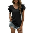 thumbnail image 1 of DTBPRQ Women's Short Sleeve Tops Fashion Ruffle V Neck T Shirts Summer Loose Fit Basic Tunic Blouse with Side Shirring Casual Top Tees, 1 of 5